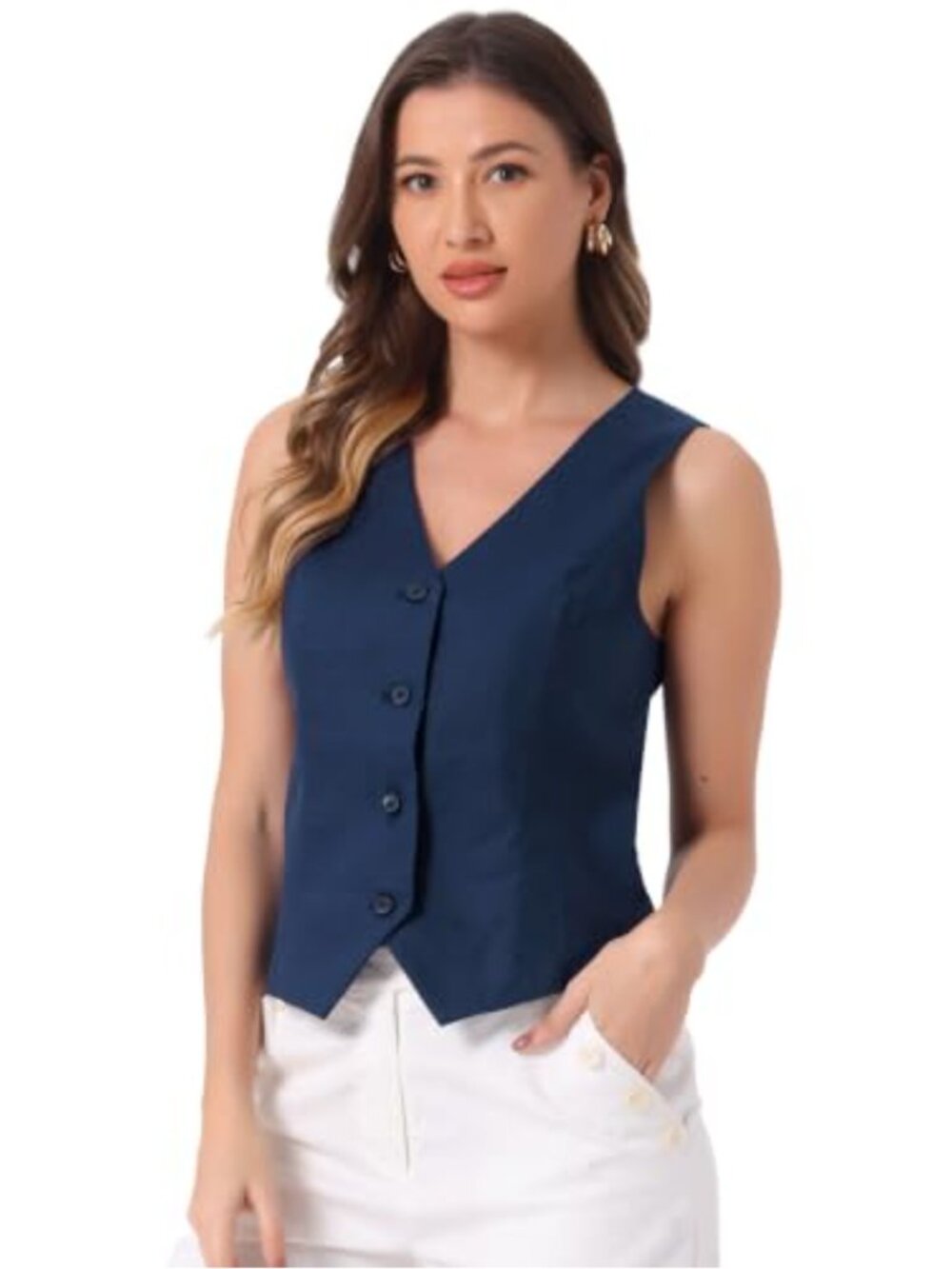 V Neck Button Down Cotton Linen Vest Tops Sleeveless Adjustable Back